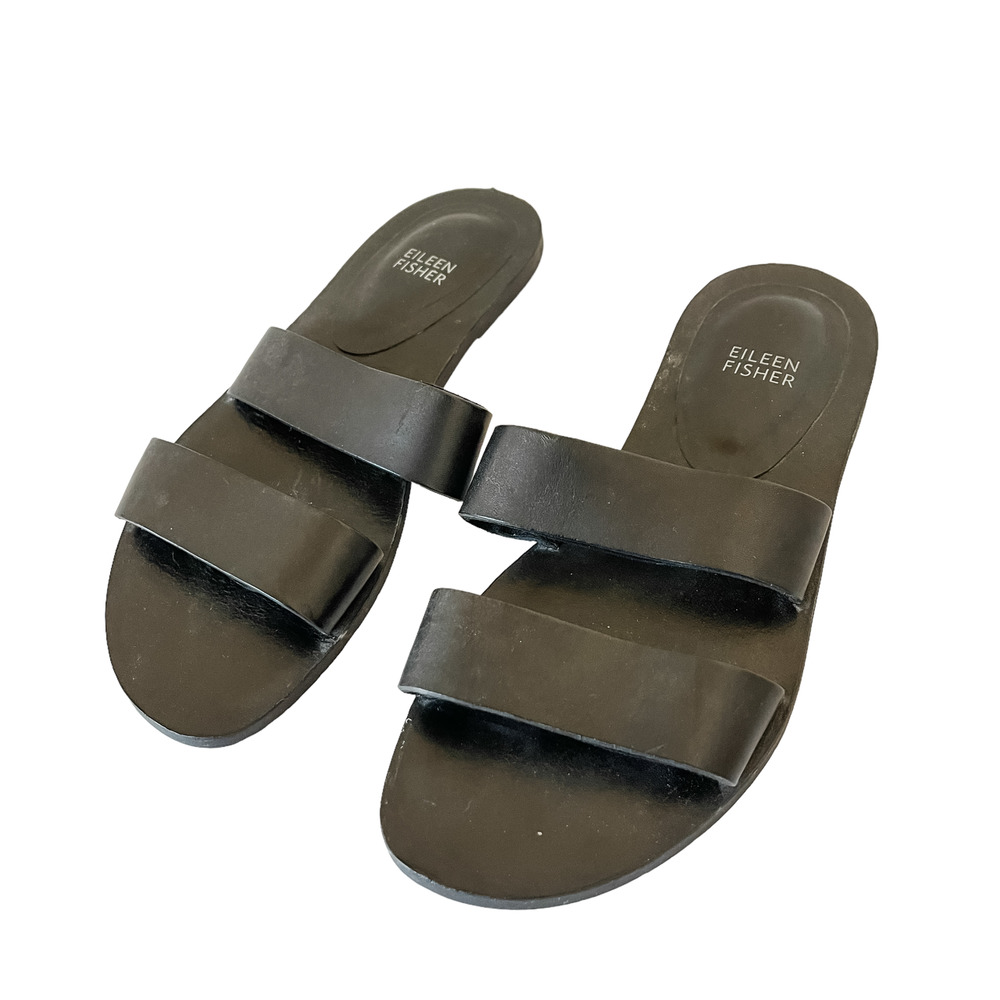 Eileen Fisher Black Double-Band Leather Slide Sandals
